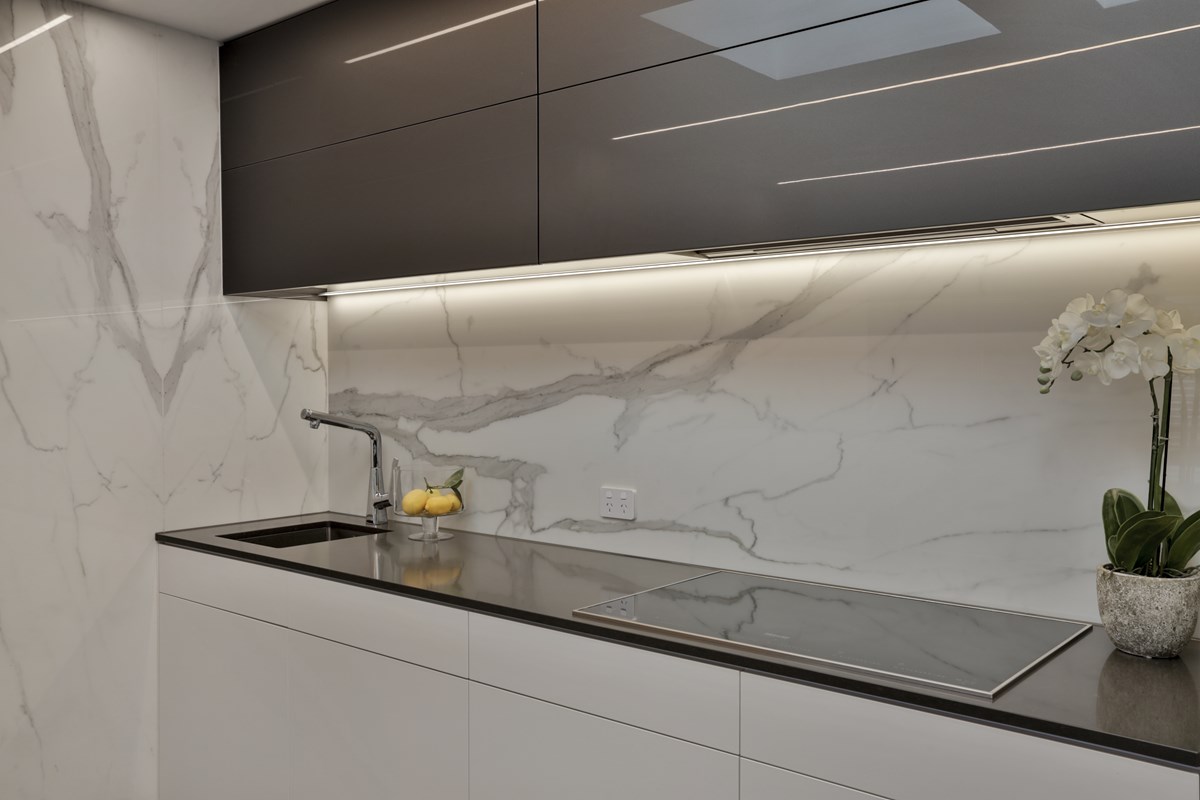 Pewter and Alabaster Gloss acrylic Fleur Jourdain kitchen close up